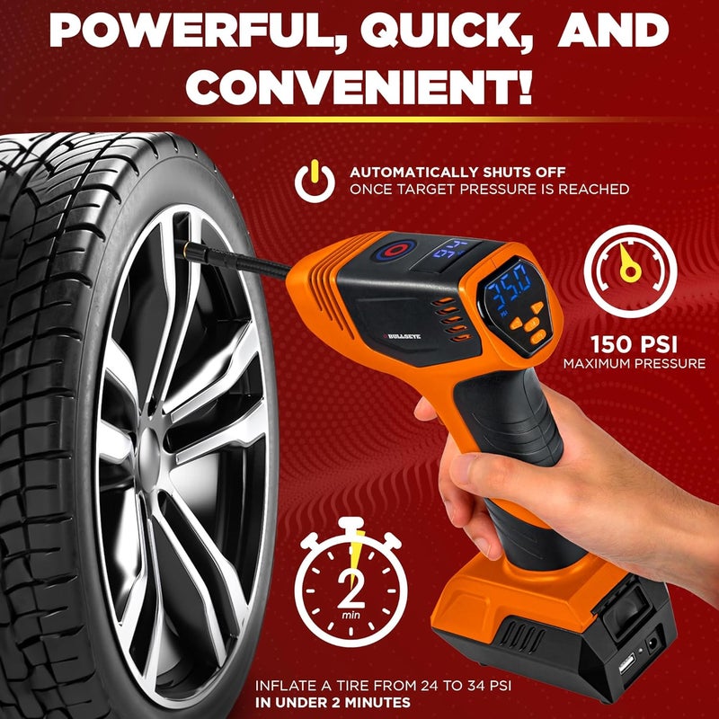 Emson Bullseye Pro ASON TV Digital Tire Inflator Automatic 150 PSI w/Gauge Display Screen & Pre-set Pressure in KPA,PSI,BAR,Kg/cm,Built-in LED Lights,Rechargeable,Air Compressor,Car Tire Pump,Orange - Image 2